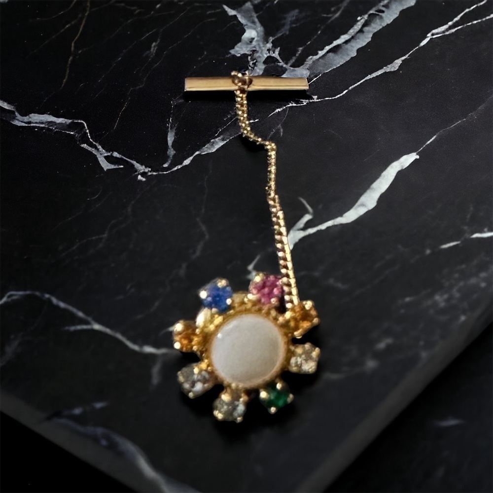 Vtg B David Gold Tone 8mm Moonstone Cab Colored Glass Stones Tie Pin Tack Chain